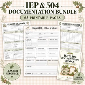 Op de afbeelding: Een 65-pagina tellend printbaar IEP- en 504-documentatiepakket voor docenten, met een overzicht van IEP-doelen, een IEP- en 504-samenvattingsblad en een tracker voor data en deadlines, versierd met illustraties van groene eikenbladeren en eikels.