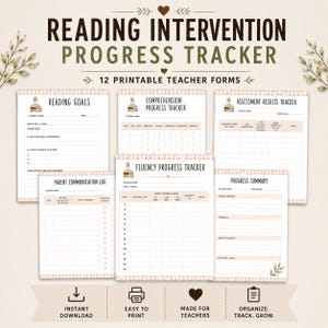 May include: A set of 12 printable teacher forms titled Reading Intervention Progress Tracker. The documents feature a light pink gingham border, small book illustrations, and sections for tracking reading goals, comprehension, fluency, and parent communication.