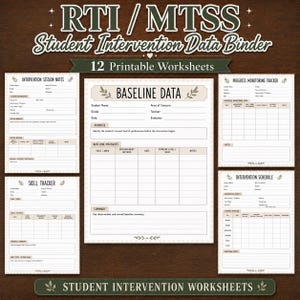 Op de afbeelding: Een set van 12 printbare werkbladen voor een RTI/MTSS studenteninterventie-datamap. De pagina's bevatten koppen voor basisgegevens, interventienotities, voortgangsmonitoring, vaardighedentracker en interventieschema's.