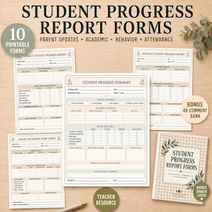 Könnte beinhalten: Ein Set aus 10 druckbaren Fortschrittsberichten für Schüler mit Abschnitten zu akademischen Leistungen, Arbeitsverhalten und Anwesenheit. Das Set enthält Wochen- und Monatsberichte, eine Zusammenfassung sowie ein Ordner-Deckblatt mit Karomuster.