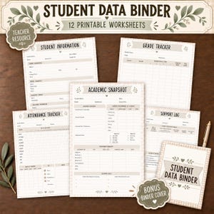 May include: A set of 12 printable student data binder worksheets featuring a neutral beige and white color palette. The pages include headers for Student Information, Grade Tracker, Academic Snapshot, Attendance Tracker, and Support Log.
