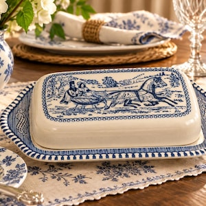 May include: A rectangular ceramic butter dish with a white base and a lid featuring a blue and white transferware pattern of a horse-drawn sleigh with two figures. The dish has a scalloped edge with a blue decorative border design.