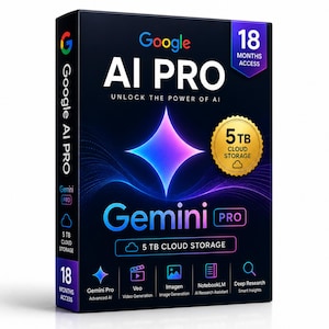 May include: A black rectangular software box for Google AI PRO Gemini PRO featuring a glowing purple and blue star graphic. The box displays text including 18 MONTHS ACCESS, 5 TB CLOUD STORAGE, and icons for Gemini Pro, Veo, Imagen, NotebookLM, and Deep Research.