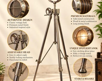 Vintage Industrial Tripod Floor Lamp | Nautical Spotlight with Wooden Barrel Shade | Antique Brass & Chrome Finish | Rustic Home Decor
