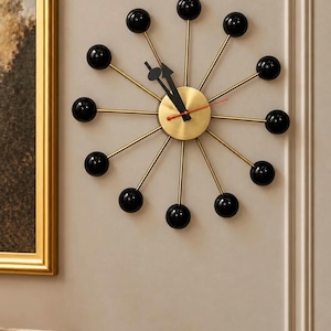 Mid Century Atomic Starburst Clock, Retro Ball Wall Clock, Sculptural Wood Decor, Vintage Modern Home Accent, Statement Wall Art