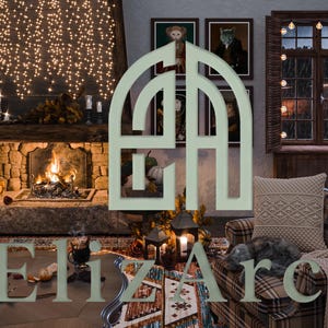 May include: A cozy living room scene featuring a stone fireplace with a roaring fire, string lights, and candles. A plaid armchair with a knit pillow sits nearby. The text 'ElizArch' and a stylized 'EA' logo are overlaid on the image.