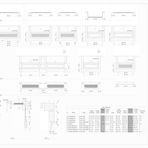 May include: A technical architectural drawing titled Radiator Covers by ElizArch, featuring multiple elevation views, cross-sections, and a detailed size schedule table with dimensions in inches for various room installations.