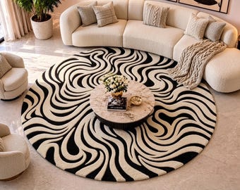 3D Hand-Carved Swirl Rug, Black Cream Abstract Area Rug, Modern Living Room Decor (8x8)