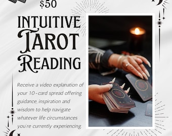 May include: A white and black graphic with the text "CIRCLE OF LIGHT NY" and "£50 INTUITIVE TAROT READING". The text is stylized with a black and white starburst design. The graphic also includes a photo of a person's hands holding a deck of tarot cards.