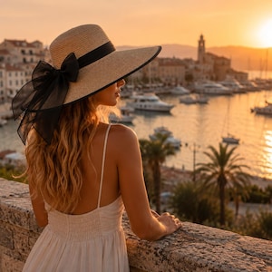 May include: A wide-brimmed straw hat featuring a black ribbon band and a large, sheer black organza bow at the back. The hat has a structured crown and a slightly downturned brim, providing a classic look with a dark, elegant accent detail.