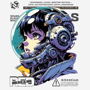 Peut inclure: Une illustration graphique d'un personnage portant un casque mécanique complexe avec une visière transparente. Le design inclut du texte comme SPACENAV, EARTH_FEDERATION et RED LINE, ainsi que des coordonnées techniques et un avertissement.