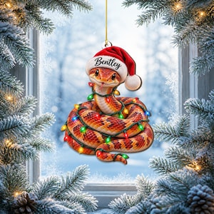 Personlig majsorm julgransprydnad, anpassad namn jultomtehatt orm, reptilälskare gåva, akryl eller trä juldekoration