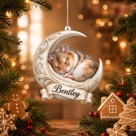 A sleeping hamster on a crescent moon, laser-engraved on wood with your pet's name — niche, adorable, and surprisingly personal.