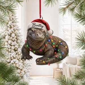 Personlig Komodovaran julprydnad, anpassad namn jultomtehatt ödla, reptilälskare gåva, akryl eller trä juldekoration