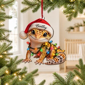 Personlig julgransprydnad med leopardgecko, anpassad dubbelsidig akryldekoration, present till reptilälskare, festlig julgransminnessak