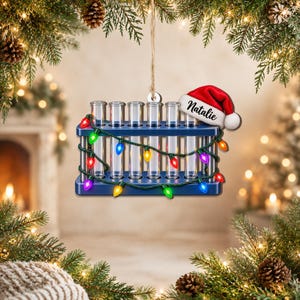 Könnte beinhalten: Ein hängendes Ornament in Form eines blauen Reagenzglasgestells mit sechs durchsichtigen Glasreagenzgläsern. Das Gestell ist mit einer Lichterkette aus bunten Weihnachtslichtern und einer roten Weihnachtsmütze mit dem Namen Natalie verziert.