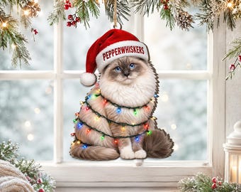 Personalisierbarer Ragdoll-Katzen-Weihnachtsbaumschmuck, personalisierbares Erinnerungsstück mit Haustiernamen, süßes Geschenk für Katzenliebhaber, doppelseitiger Baumschmuck aus Acryl und Holz