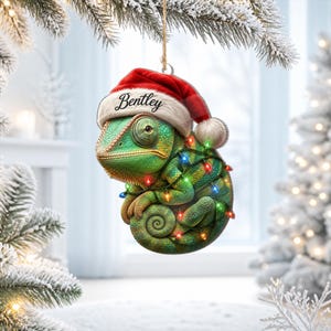 Personlig kameleont julgransprydnad, anpassad namn jultomtehatt kameleont, reptilälskare gåva, akryl eller trä juldekoration