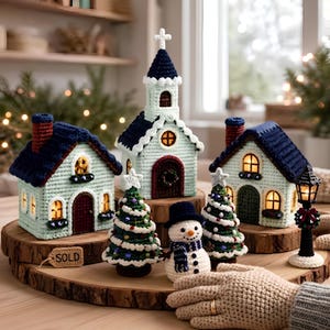 Christmas Village Crochet Pattern: Light-Up Cottages, Church, Snowman, Trees & Holiday Decor PDF
