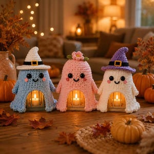 Ghost Lantern Crochet Pattern PDF, Halloween Amigurumi Tea Light Holder, Witch Hat Ghost Decor.