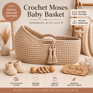 May include: A beige crochet Moses baby basket featuring two integrated handles and decorative tassels. The set includes a pair of matching crochet baby booties, a wooden rattle with three rings, and a wooden plaque engraved with For Baby.
