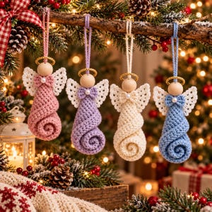 May include: Four crocheted angel ornaments hanging from a branch. Each angel features a wooden bead head, a gold wire halo, white crocheted wings, and a body in pink, lavender, cream, or blue yarn with a small pearl accent at the neck.