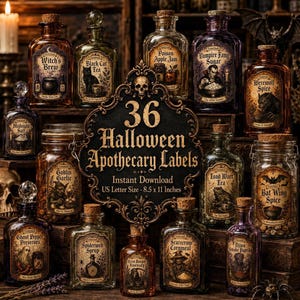 Può includere: Una collezione di 36 etichette da speziale per Halloween per bottiglie, con illustrazioni vintage e testi come Witch's Brew, Vampire Fang Sugar e Werewolf Spice. Il cartello centrale indica un download istantaneo, 21,6 x 27,9 cm.