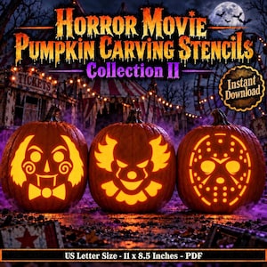 Peut inclure: Une collection numérique de pochoirs pour citrouilles intitulée Horror Movie Pumpkin Carving Stencils Collection II. L'image montre trois citrouilles orange avec des motifs sculptés lumineux représentant des personnages d'horreur et une étiquette PDF.
