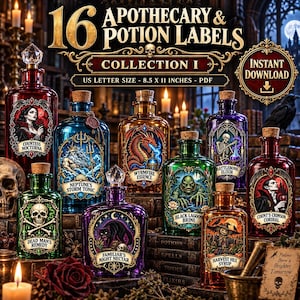 Può includere: Una collezione digitale di 16 etichette da speziale e pozioni con illustrazioni gotiche su bottiglie di vetro. Il testo include titoli come Countess Nocturna, Neptune's Storm Tonic, Wyrmfire Essence e Dead Man's Remedy. Formato 21,6 x 27,9 cm.