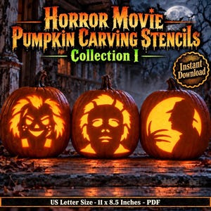 Pode incluir: Três abóboras laranja esculpidas com rostos de personagens de filmes de terror, incluindo uma boneca, uma figura mascarada e uma silhueta com garras. O texto diz Horror Movie Pumpkin Carving Stencils Collection I, Instant Download e PDF tamanho carta dos EUA 27,9 x 21,6 cm.