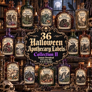以下が含まれることがあります： ボトル用の36種類のハロウィン薬局ラベルコレクション。神話の生き物や材料のイラストが描かれています。中央のテキストには「36 Halloween Apothecary Labels Collection II, Instant Download, US Letter Size 11 X 8.5 Inches」と書かれています。