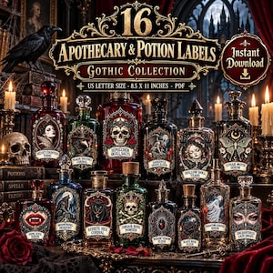 May include: A collection of 16 apothecary and potion labels featuring gothic designs. The labels include text such as Sepulcher Skull Salts, Moonwing Draught, and Corsair Bone Powder. The set is formatted for 21.59 x 27.94 cm A4 paper size.