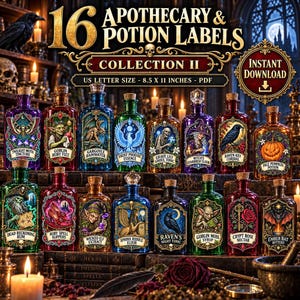 May include: A digital collection of 16 apothecary and potion labels featuring ornate illustrations of creatures, plants, and magical items. Each label includes unique text titles like Twilight Moth Tincture and Ember Bat Bitters in a PDF format.