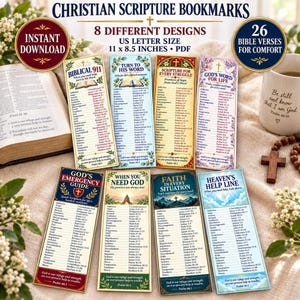 May include: A set of eight Christian scripture bookmarks featuring 26 Bible verses for comfort. The bookmarks are US letter size, 11 by 8.5 inches, and include various designs with floral, mountain, and sky illustrations, plus text like Biblical 911.