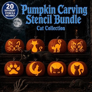 May include: A digital bundle of 20 pumpkin carving stencils featuring cat designs. The image displays eight orange pumpkins, each illuminated with a unique cat-themed cutout, including silhouettes of cats, paw prints, and crescent moons.