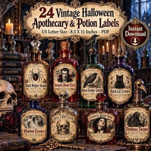 May include: A collection of 24 vintage Halloween apothecary and potion labels on an 8.5 x 11 inch PDF. The image displays various glass bottles with ornate, aged-paper labels featuring illustrations of a spider, vampire, raven, cat, skull, ghost, and plague doctor.