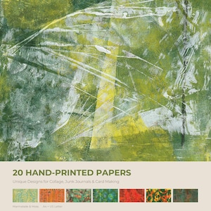 May include: A collection of 20 hand-printed papers featuring abstract textures in shades of green, yellow, and white. The main image displays a layered green and yellow design. Text reads: 20 HAND-PRINTED PAPERS Unique Designs for Collage, Junk Journals & Card Making.