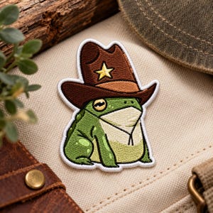 Embroidered Patch Cowboy Frog, Iron On Sew On Hook and Loop Western Frog Patch, Cute Sheriff Toad Patch for Jacket Backpack