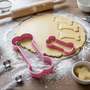 May include: Two pink bone-shaped cookie cutters placed on a round sheet of rolled-out dough. One cutter is large and the other is smaller. Three bone-shaped cutouts are visible in the dough. A wooden rolling pin, metal spoons, and bowls are present.
