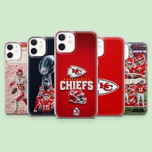 May include: Five phone cases featuring Kansas City Chiefs branding. Designs include a player in action, a trophy graphic, the team logo on red backgrounds, and a collage of players on a field. Each case has a dual-camera cutout and clear edges.