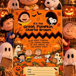 May include: A rectangular orange Halloween-themed poster featuring Charlie Brown, Snoopy, and friends in a pumpkin patch. The text reads It's The Great Pumpkin, Charlie Brown, Dear Great Pumpkin, I am looking forward to your arrival on Halloween night, and blank lines for Date, Time, and Location.