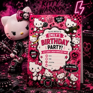 May include: A pink and black birthday party invitation card featuring cartoon cat characters with bows, skulls, and weapons. The text reads: You're invited to Emily's birthday party, It's my day, Bows before bros, Let's have a meow-gnificant time, and See you there, Kitty Warrior.