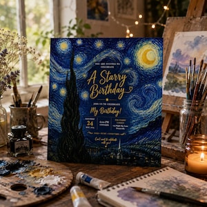 Puede incluir: Una tarjeta de invitación de cumpleaños rectangular con un estampado artístico de noche estrellada en azul oscuro, amarillo y negro. El texto dice: You are invited to celebrate A Starry Birthday, join us to celebrate my birthday, 24 May 2025, 18:00.