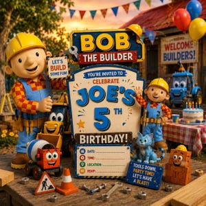 May include: A Bob the Builder themed birthday invitation card featuring Bob, a blue tractor, a cement mixer, and a cat. The card displays the text 'BOB THE BUILDER', 'YOU'RE INVITED TO CELEBRATE JOE'S 5TH BIRTHDAY', and includes fields for date, time, location, and RSVP.