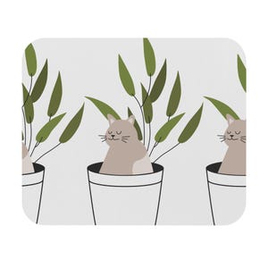 Cat in Plant Pot Mouse Pad | Botanical Desk Mat, Whimsical Artwork