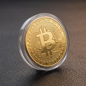 May include: A gold-coloured Bitcoin token encased in a clear circular plastic protective capsule. The coin features a central Bitcoin symbol surrounded by circuit board patterns and text reading BITCOIN DIGITAL DECENTRALIZED PEER TO PEER.