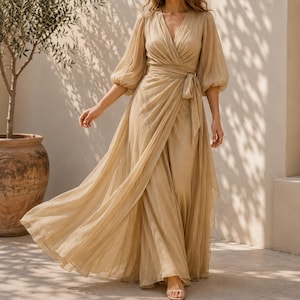 cream colored casual dresses Women's Wrap Maxi Dress Long Sleeve Wedding Guest Elegant A-Line Deep V-Neck with Pockets Dresses Beige-S at Amazon Women's Clothing store SLEEVES_Cap Sleeve Size:14 years Merokeety Womens Wrap Velvet This fee may be