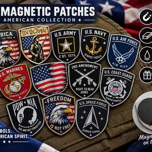 Può includere: Una collezione di toppe magnetiche a forma di scudo con temi militari e patriottici americani, tra cui U.S. Army, Navy, Air Force, Marines, Coast Guard, Space Force, POW-MIA e motivi con aquile, con un magnete nero sul retro.