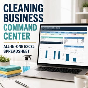 May include: A laptop displaying a Cleaning Business Dashboard Excel spreadsheet with financial data, charts, and tables. Text on the left reads Cleaning Business Command Center All-in-One Excel Spreadsheet. A spray bottle and cloths are nearby.