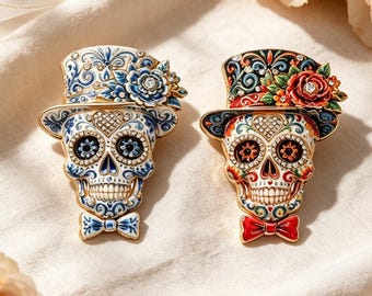 Broche tête de mort mexicaine artisanale + coffret cadeau personnalisé offert, broche unique en émail pour Halloween et la Fête des Morts